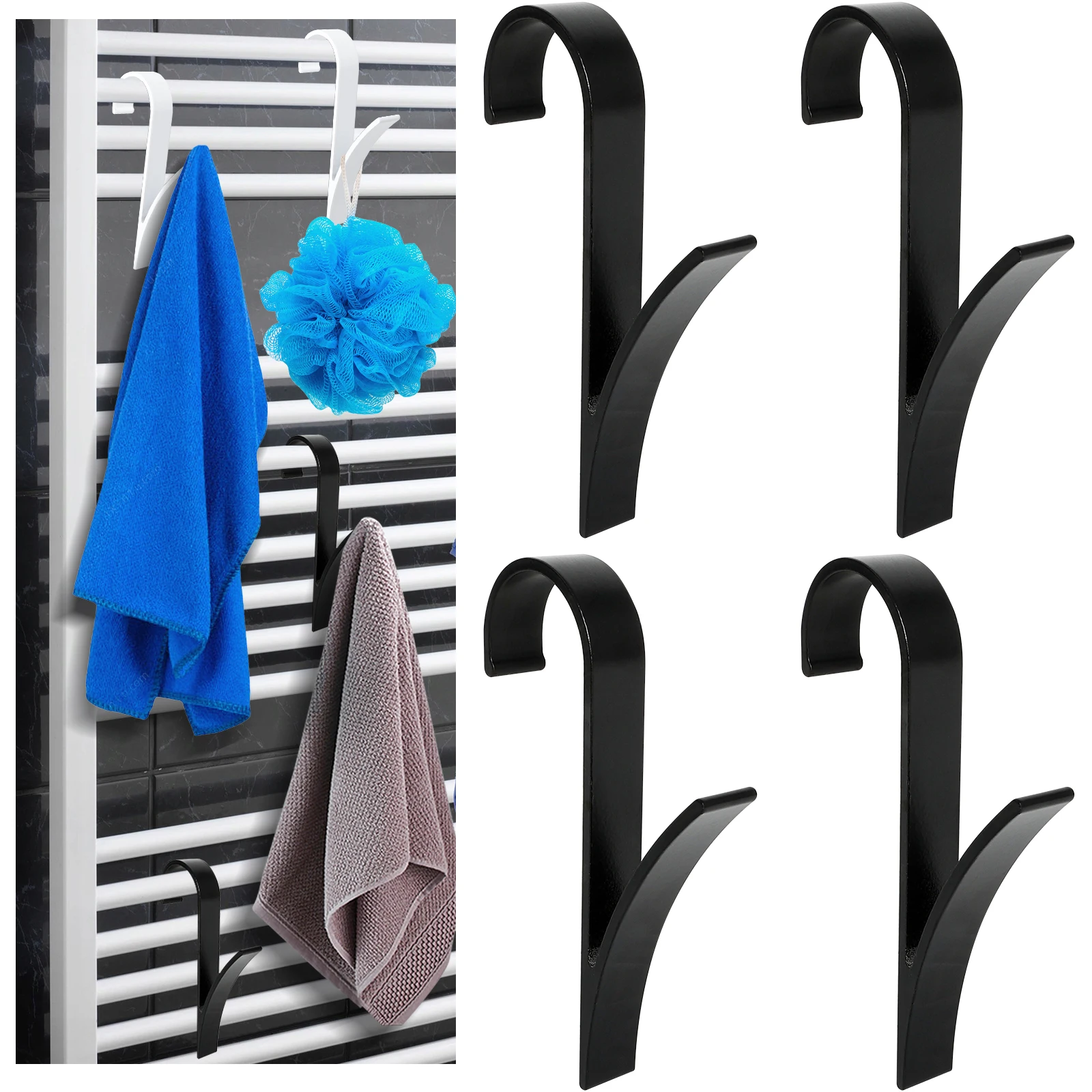 

4pcs Black Hooks for Heated Towel Radiator Rail Bath Hook Holder Clothes Hanger Bathroom Drying Space Towel Scarf Rack