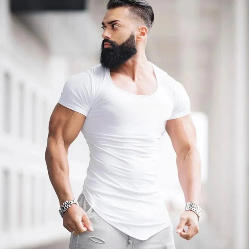 Męska t-shirty sportowe do biegania letnia bawełniana oddychająca odzież sportowa typu Slim Fit na siłownię z Fitness krótki rękawem — zdjęcie 2