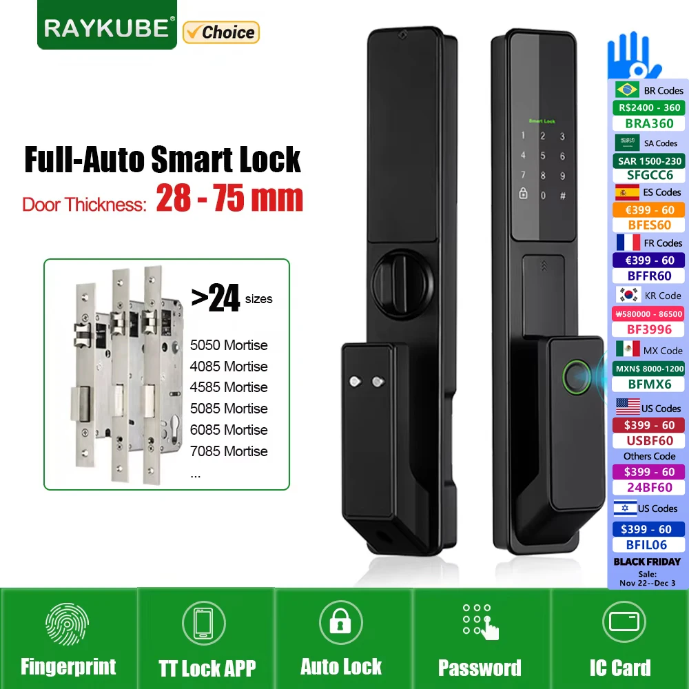 RAYKUBE V1 TT Lock BLE Full-auto Advanced Electronic Fingerprint Smart Door Lock With TT Lock APP/NFC/ICCard/Password/Key Unlock