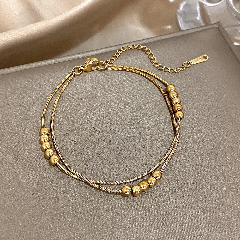 Minimalist Stainless Steel Round Beads Bracelet for Women Multilayer Stacked Snake Bone Chain Bracelet Daily Jewelry Accessories