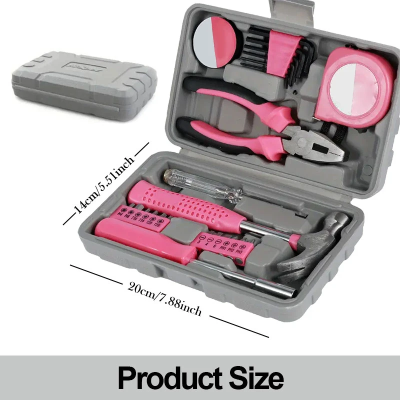 ชุดเครื่องมือช่างในครัวเรือนสีชมพู 24 ชิ้น, ชุดเครื่องมือช่างโลหะแข็งแรง, กล่องเครื่องมือสไตล์คลาสสิกแบบโรงนา, เครื่องมือช่างโลหะทนทานสำหรับผู้หญิง