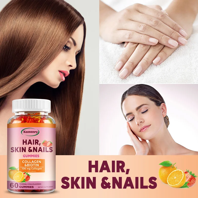 Hair, Skin & Nails Vitamins - Contains Biotin, Collagen - Promotes Hair Growth, Nourishes Skin, Strengthens Nails - 60 Gummies