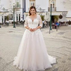 Robe de mariée à col rond transparent, grande taille, manches 3/4, appliques, bouton en tulle, A-ligne, patients, robe Boho, longueur au sol