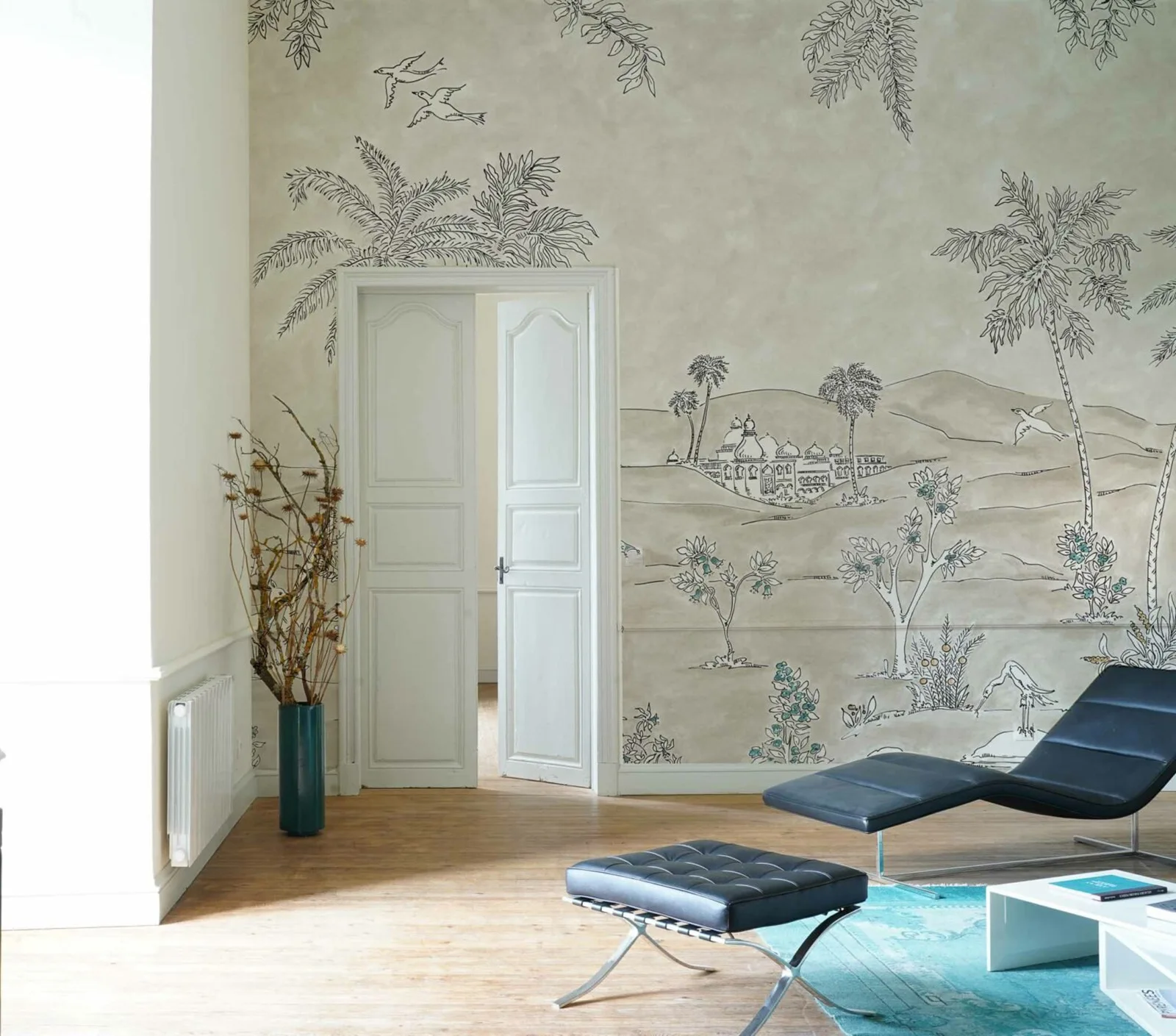 HandDrawn wallpaper Wadi with Ancient style Palace in the hills of the Valley,  Chinoiserie Wall Paper with Birds and Palms