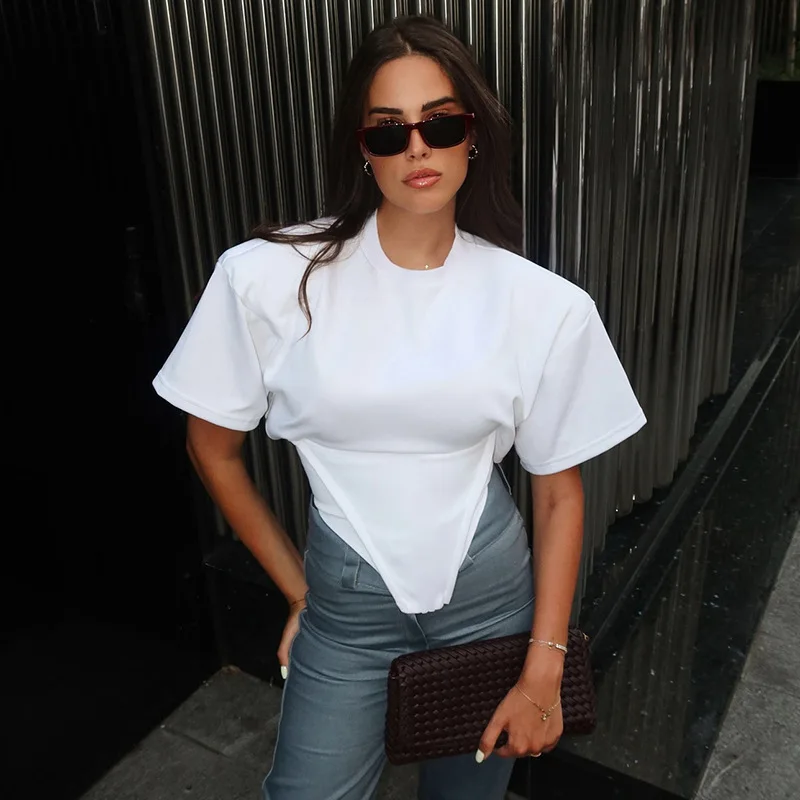 Women's Summer Loose Short-Sleeved T-Shirt Round-Neck Tops Slimming And Hottie Design Sense Cinched Waist Solid Streetwear Top