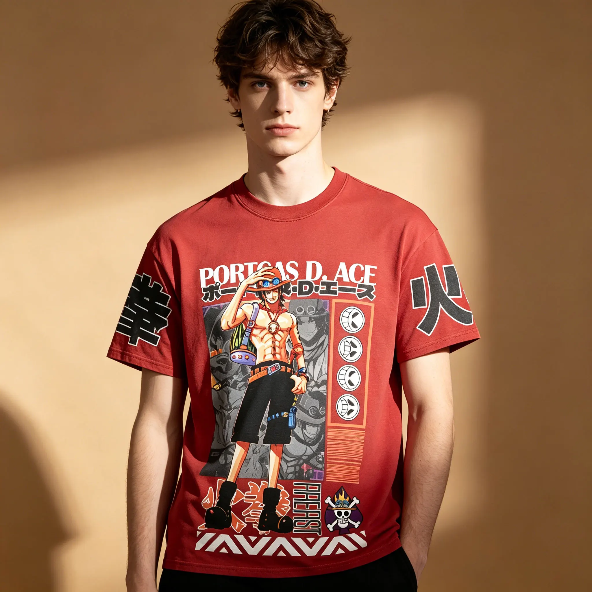 Men's Portgas D Ace Fire Fist PrintedFront And Back, Breathable And Soft Anime Round Neck Casual Short Sleeved T-Shirt