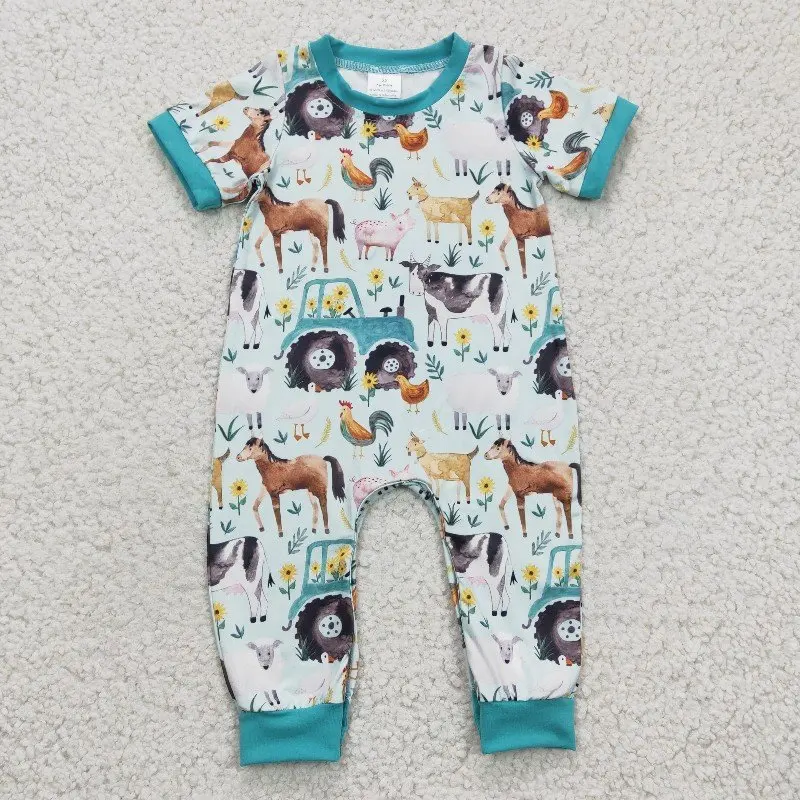 X12.11 SR0130 Sommer Baby Milch Seide Junge Bauernhof Auto Kuh Pferd Schwein Huhn Kurzarm Strampler