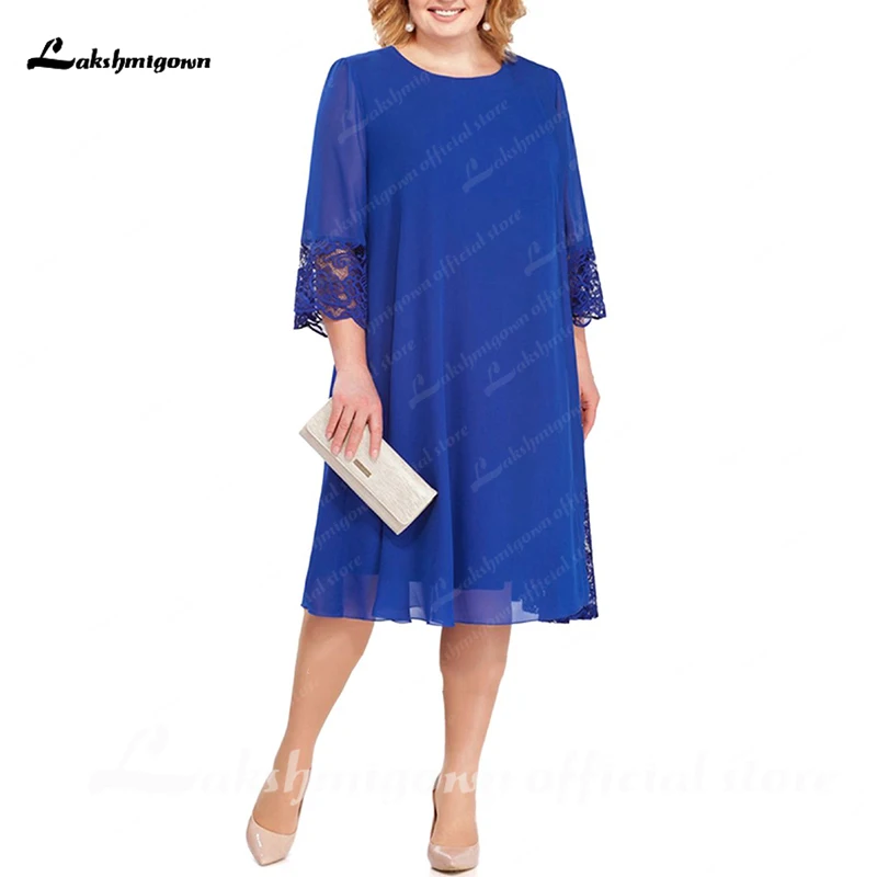 

Plus Size Blue 3/4 Sleeves Jewel Lace Knee Length Mother of Bride Dress Summer Wedding Vestidos de Noite Evening Party Dresses