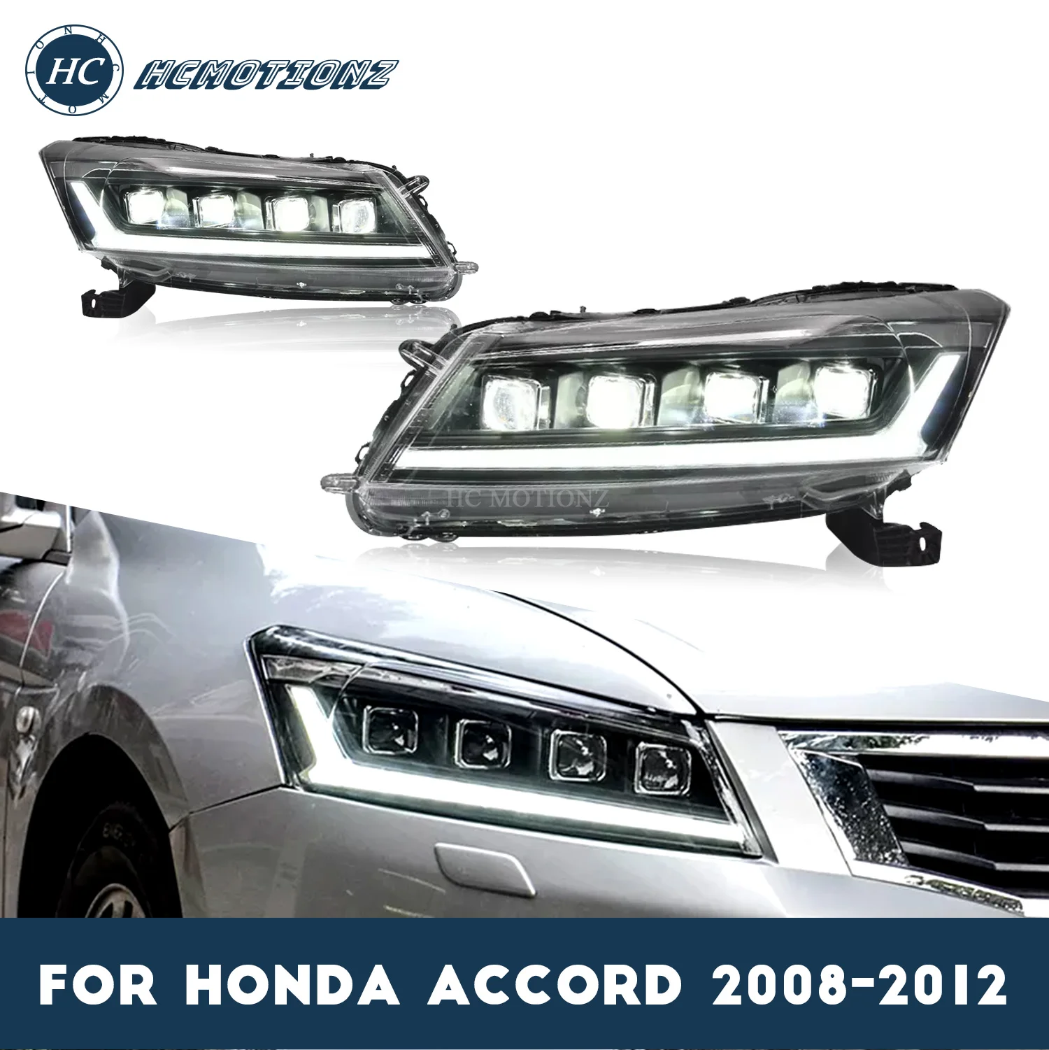 HCMOTIONZ LED Headlights Assembly For Honda Accord 2008 2009 2010 2011 2012 8th Gen 4-Dr Sedan With Sequential Turn Signal DRL