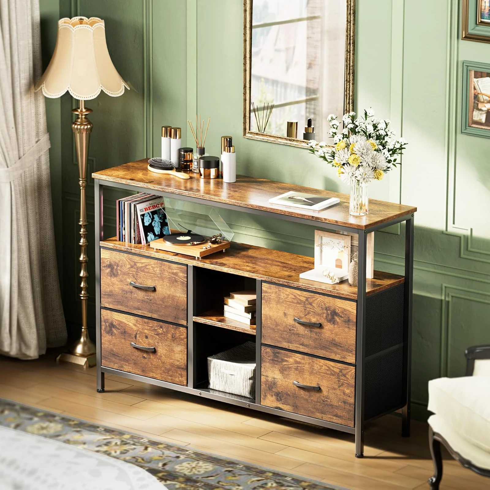 108 cm großer TV-Schrank, Kommode mit 4 Stoffschubladen, Schubladenschrank für Küche, Büro, Flur,