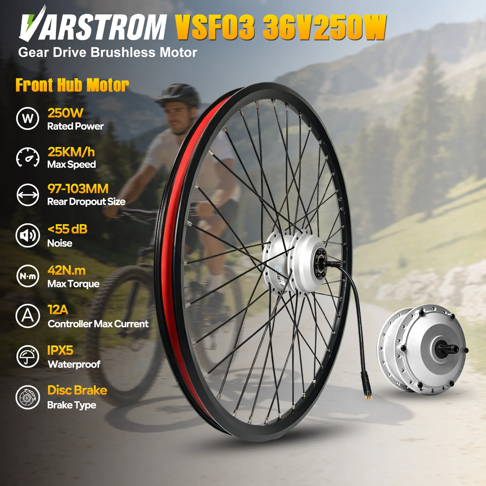 [EU-Konformität] 36V 250W Nabenmotor 25km/h 42Nm VSF03 VSR03 Vorder- und Hinterrad-Nabenmotor Varstrom eBike-Motor für 26" 27,5" 28" 29 Zoll 700C Elektrofahrrad-Umbausätze Bürstenloser Getriebemotor