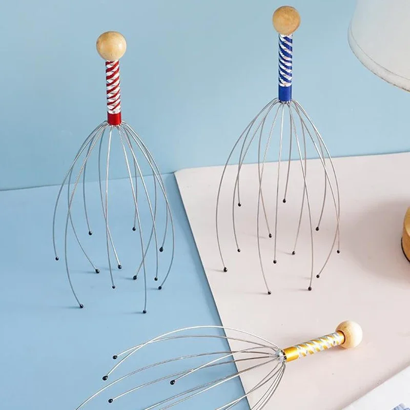 Masseur de tête de poulpe en acier inoxydable, 1 pièce, relaxant de tête gravé, griffe de Massage du cerveau, grattoir du cuir chevelu, soulage les démangeaisons, couleur aléatoire