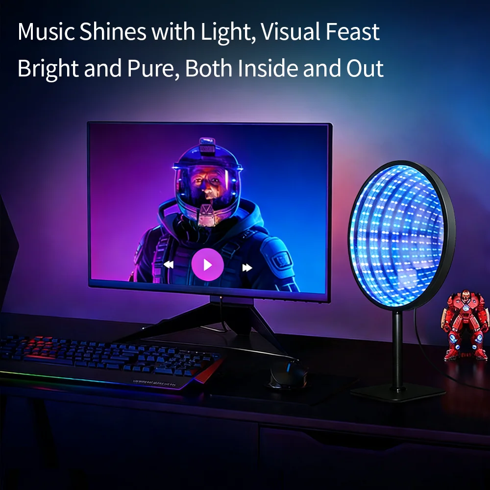 Runder Acryl-Infinity-Spiegel 3D Tiefen-Tunnel-Licht Kreative Zeittunnel-Ambientelampe mit RGB für Schlafzimmer, Nachttisch und Wohnzimmer