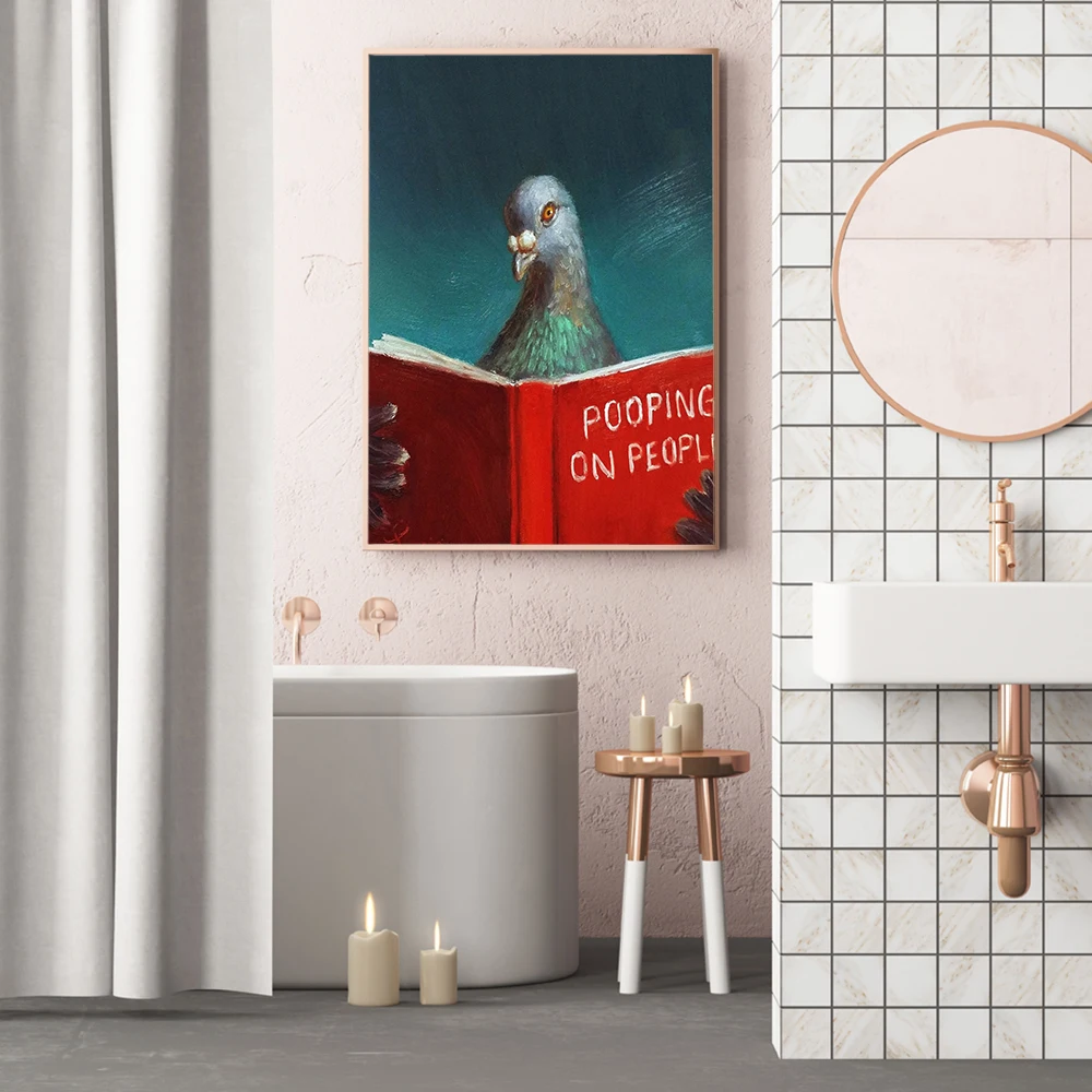 Pigeon Bird Reading Book Bathroom Funny Humorous Pet Canvas Painting Pooping On People Poster Wall Art Picture Toilet Decor
