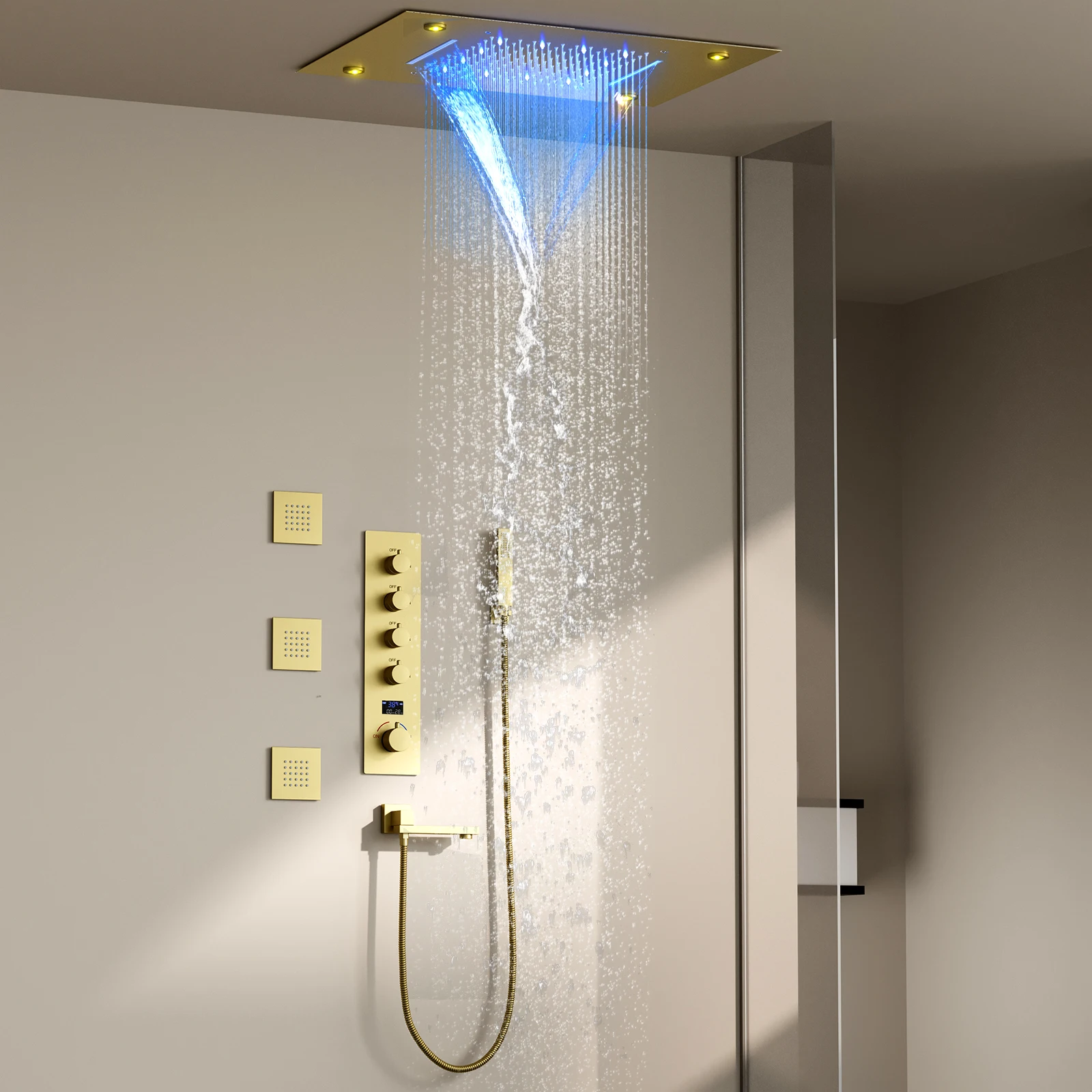 500*360mm LED Shower System Cold and Hot Concealed Shower Mixer Rainfall Shower Set Gold Temperature Display Faucet System