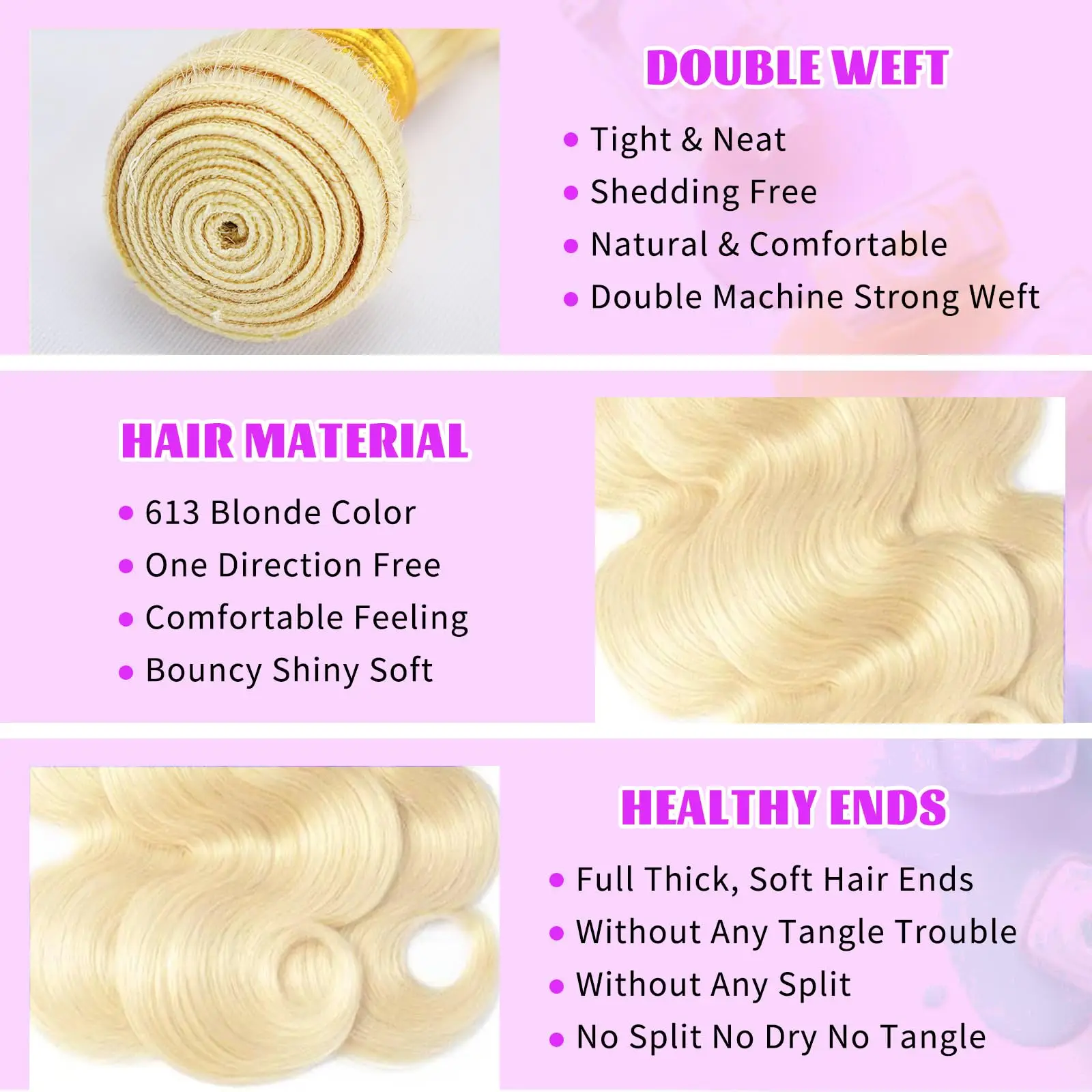 613束ブロンド人毛1、3束ブラジル産バージン原毛ウィーブ束ブロンドボディウェーブ人毛エクステ