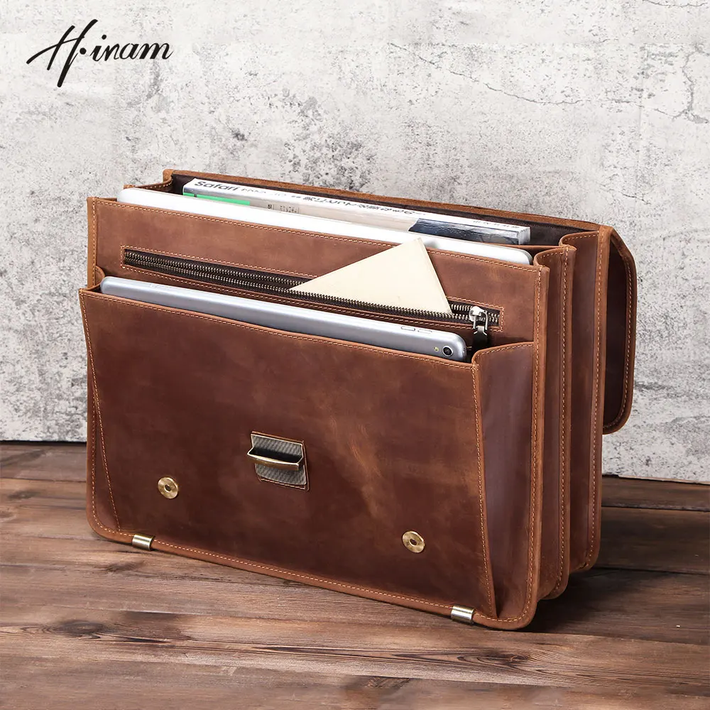 Retro Luxury Genuine Leather Briefcase Laptop Bag for Macbook Air 13.3 Inch with Cover and Shoulder Strap Business Crossbody Bag