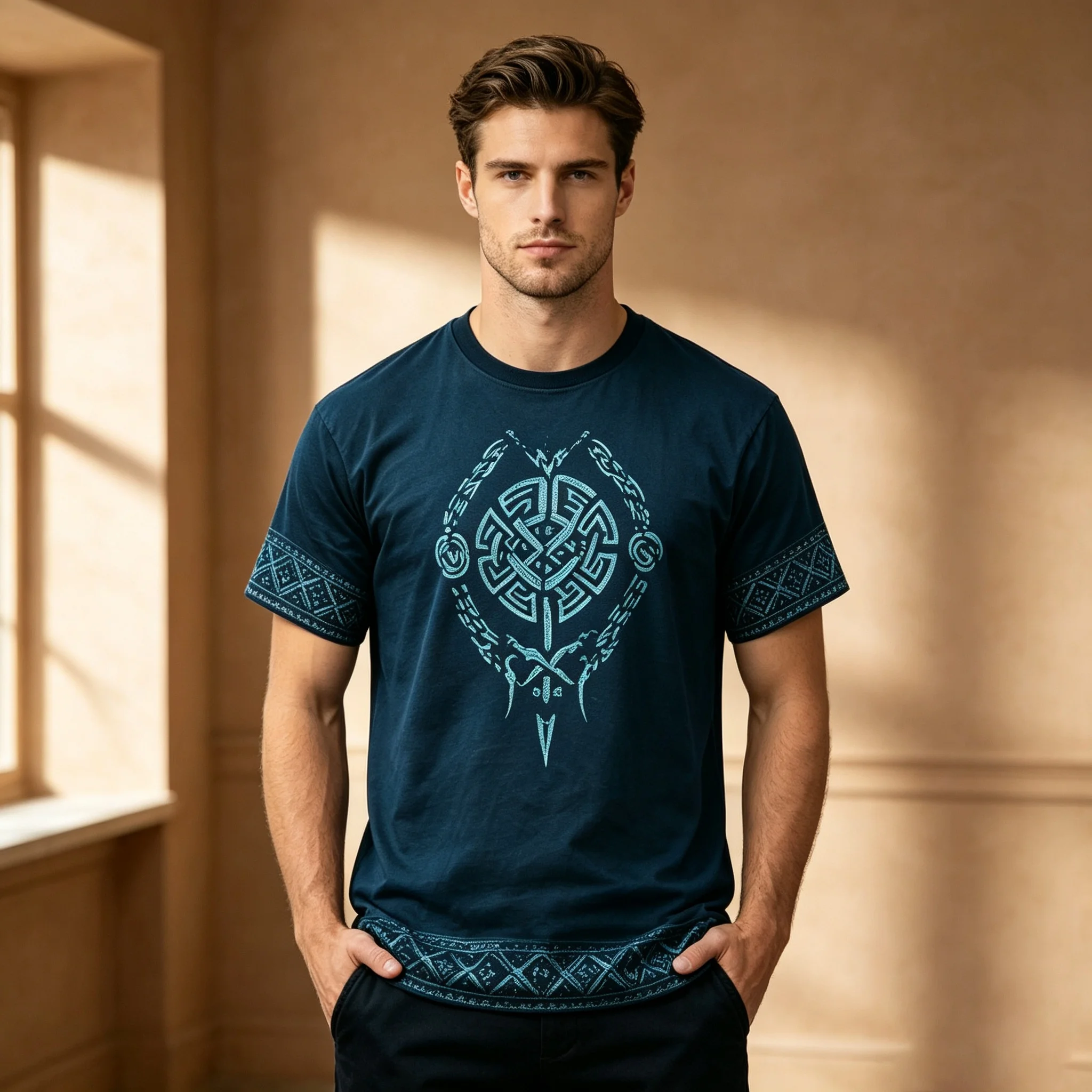 Men Viking Celtic Tribal Symbol Print Crew Neck T Shirt Dark Blue Loose Short Sleeve Ethnic Streetwear Summer Casual Tee