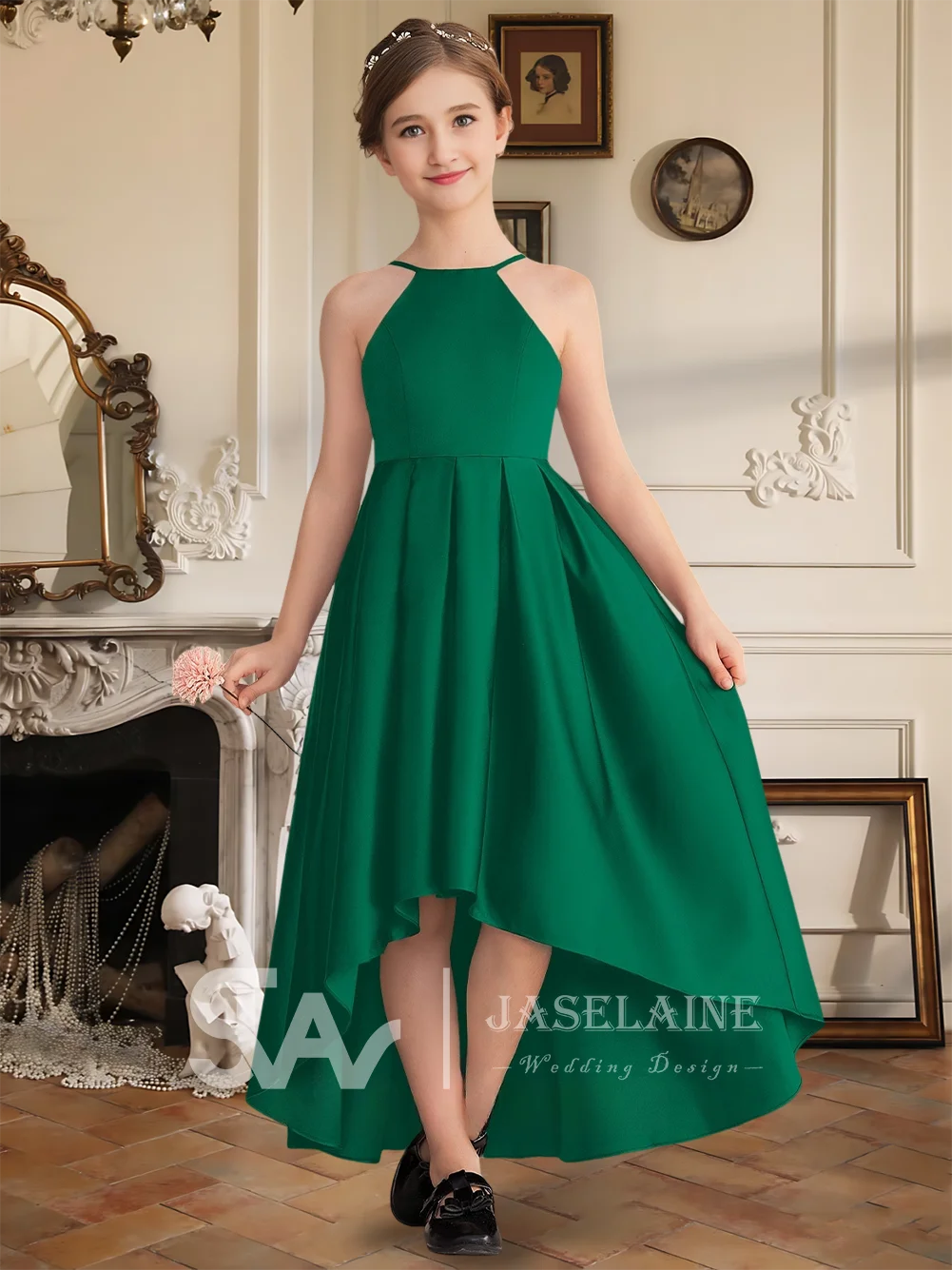 Асимметричное атласное платье трапециевидной формы с лямкой на шее для юниоров с высокой низкой юбкой, платье с цветочным узором для девочек, официальная свадьба для девочек