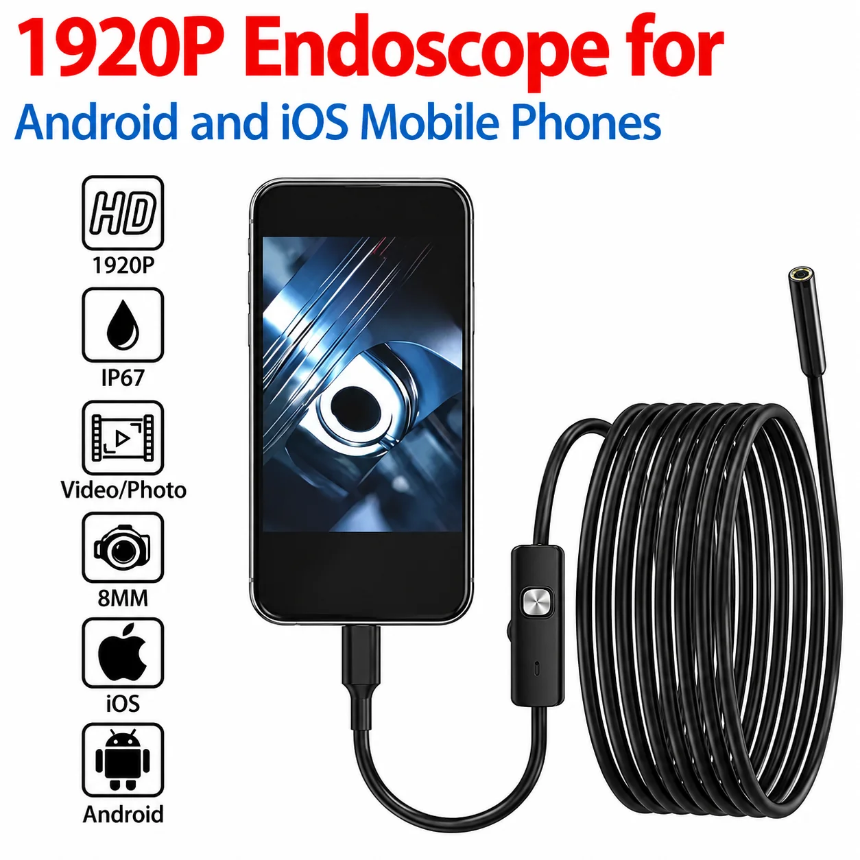 1920P HD Endoscope Camera for iPhone & Android, Type-C Borescope IP67 Waterproof Snake Camera for Car Sewer Pipe Inspection