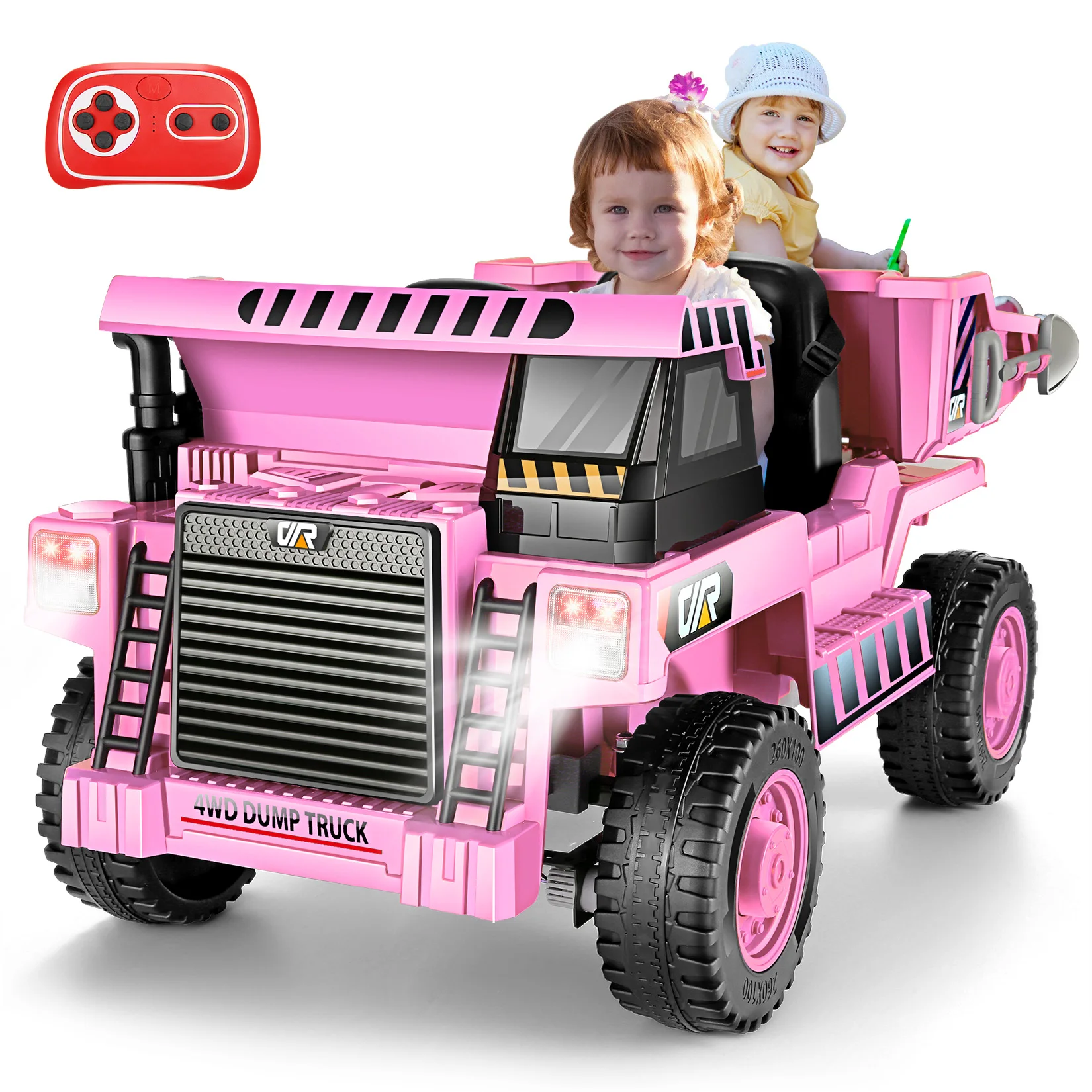 Camion à benne basculante pour enfants, voiture électrique avec télécommande, lit à benne basculante, pelle, Bluetooth, véhicule de construction, rose