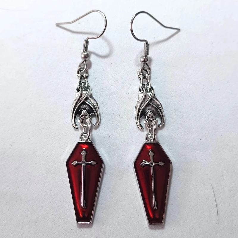 

Gothic Aesthetic Vampire Bat with Coffin Earrings, Bat Earrings, Dracula, Vampire Earrings, Halloween Gifts