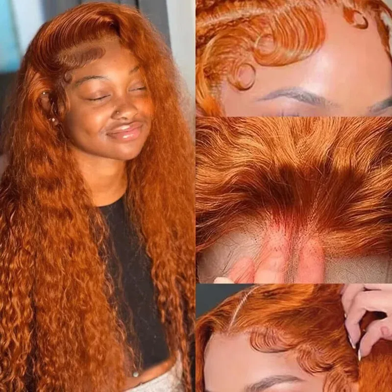 220 densidade gengibre laranja encaracolado perucas de cabelo humano 30 32 Polegada 13x4 peruca dianteira do laço 350 colorido onda profunda hd laço frontal para mulher