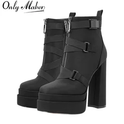 Onlymaker Platform Ankle Boots  Round Toe Zipper Strap  Chunky Thick Heels Lycra Plus Size  For Autumn Winter Bootes