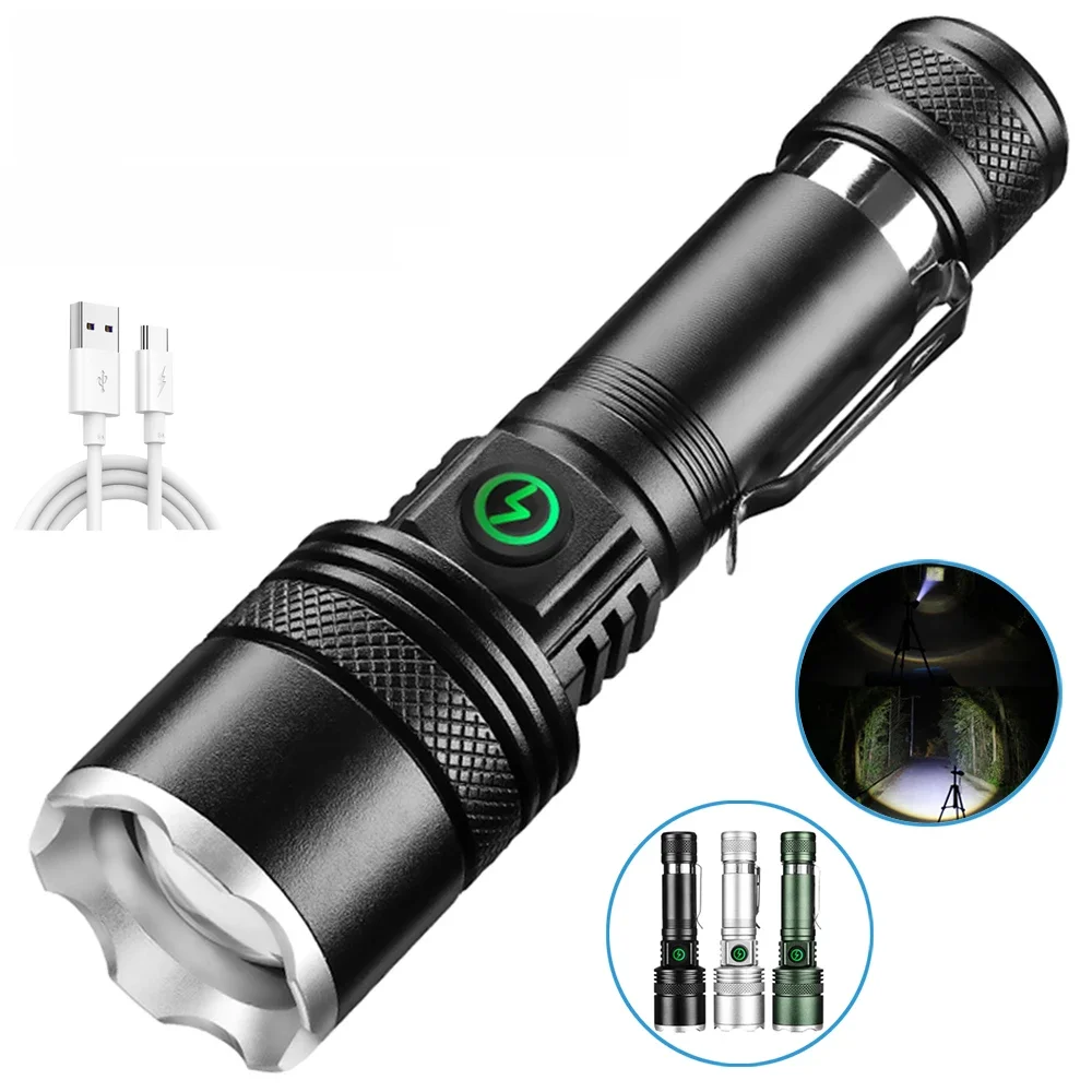 Lampe de poche LED très brillante, torche Rechargeable, lampe de travail Portable, lampe de Camping en plein air avec Zoom télescopique