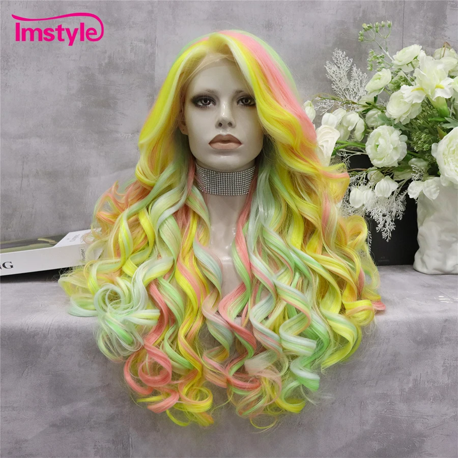 Imstyle Colorful Wig Long Rainbow Synthetic Lace Front Wig Heat Resistant Fiber Natural Wavy Wigs For Women Party Pink Yellow