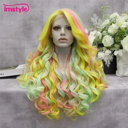 Imstyle Colorful Wig Long Rainbow Synthetic Lace Front Wig Heat Resistant Fiber Natural Wavy Wigs For Women Party Pink Yellow