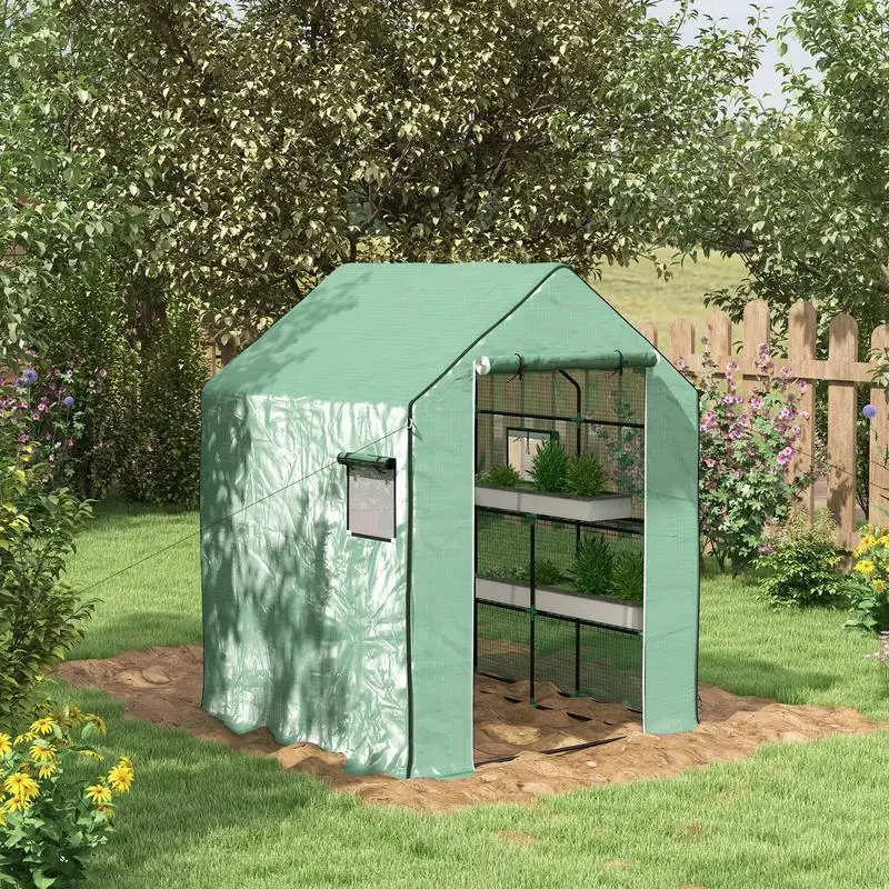 Invernadero de jardín con 1 puerta, 1 ventana, estantes de 3 niveles para plantas hortícolas y flores TARP PE 140x190 cm