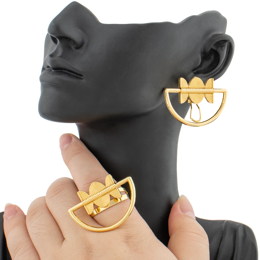 Women's African Map Design Statement Earrings & Adjustable Ring Set