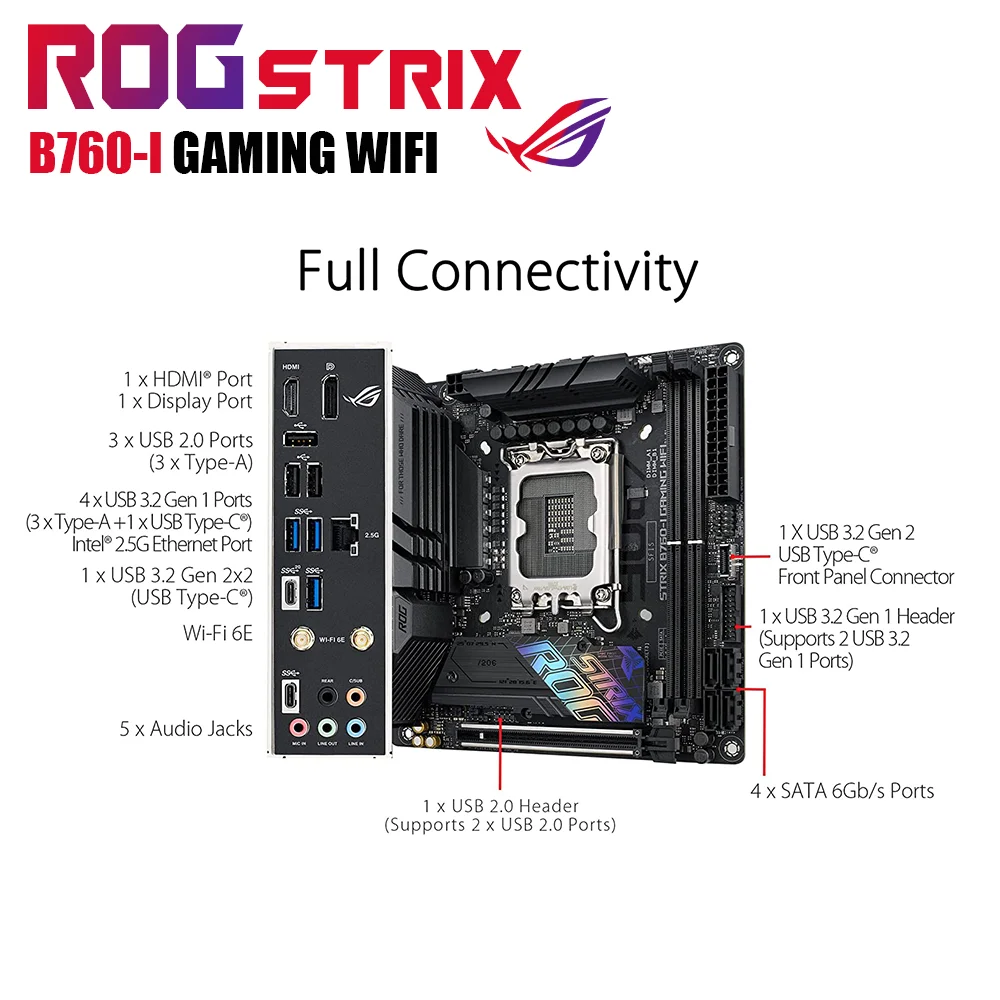 Материнская плата ROG STRIX B760-I GAMING WIFI DDR5 LGA1700, системная плата Mini-ITX, 64 ГБ, 7600(OC), Поддержка Intel 12-го 13-го поколения, i5 i7 i9 Kit RGB PCIE 5.0 USB для настольных ПК геймеров