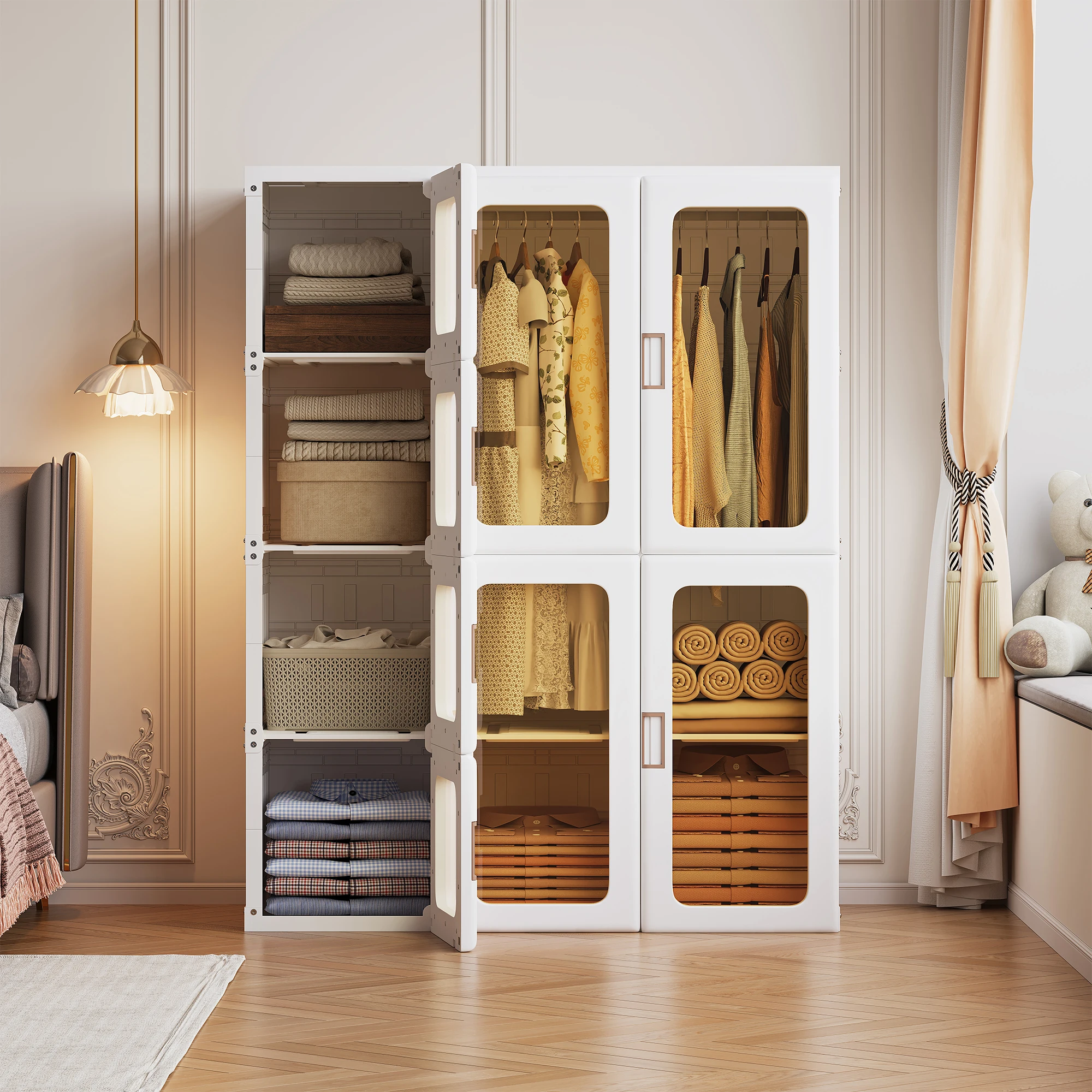 Superaly, armario de 104×50×36 cm con varios niveles, mueble de almacenamiento colgante, mueble de almacenamiento de pie, armario de almacenamiento a prueba de polvo para dormitorio, para ropa y ropa de cama, mueble de almacenamiento con varios niveles, mueble de almacenamiento para dormitorio, color blanco.