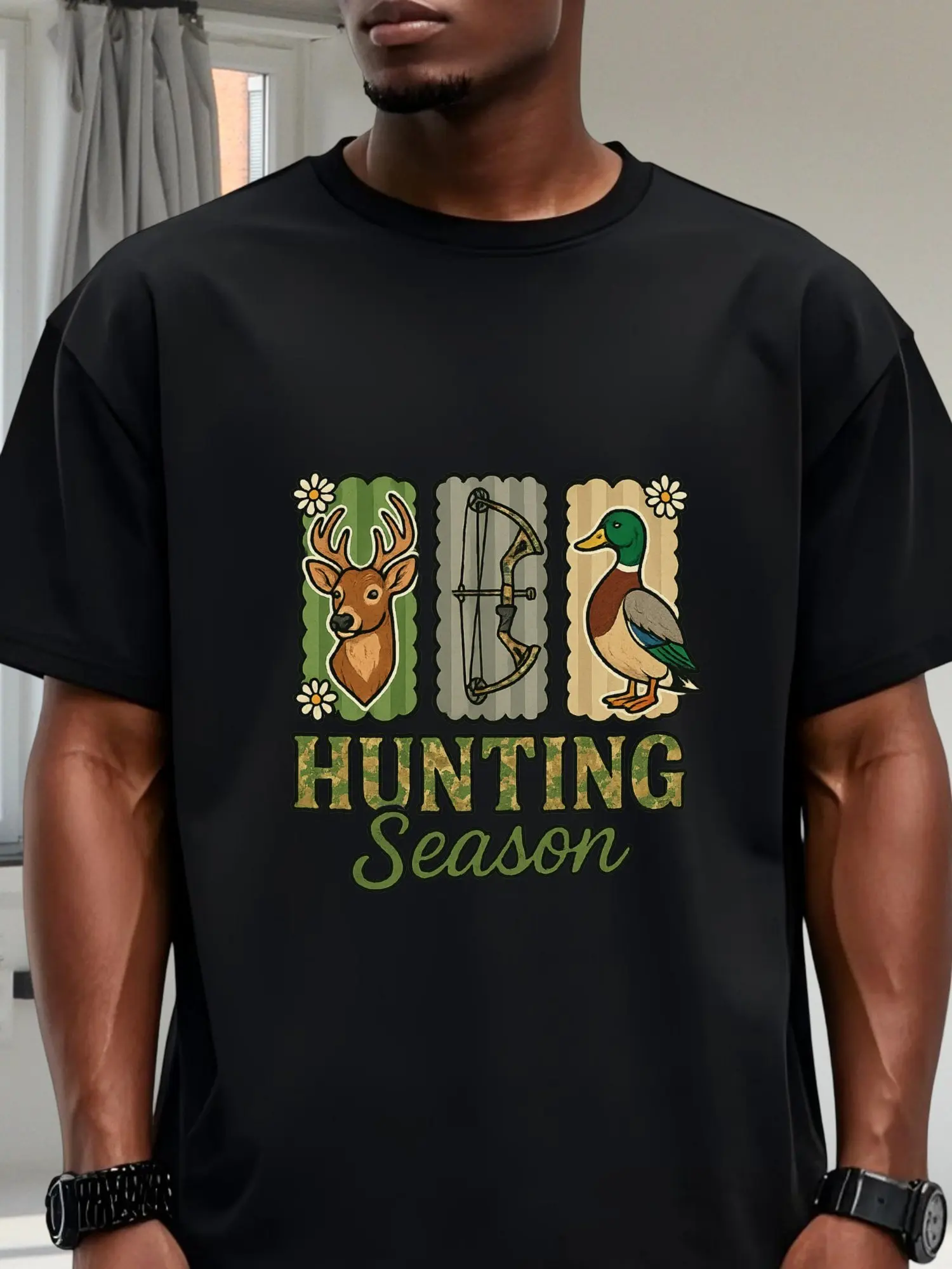 Dad Hunter Camo Deer Fishing Rod Black T-shirt Hunting Enthusiast Father Weekend Casual Cotton Top