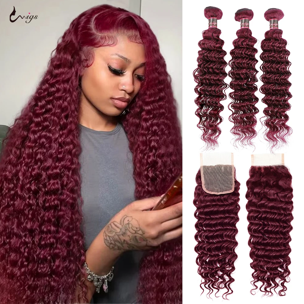

99J Deep Wave Bundles With Closure Brazilian Human Hair Bundles With Closure Brazilian Colored Red Burgundy Extensions For Women