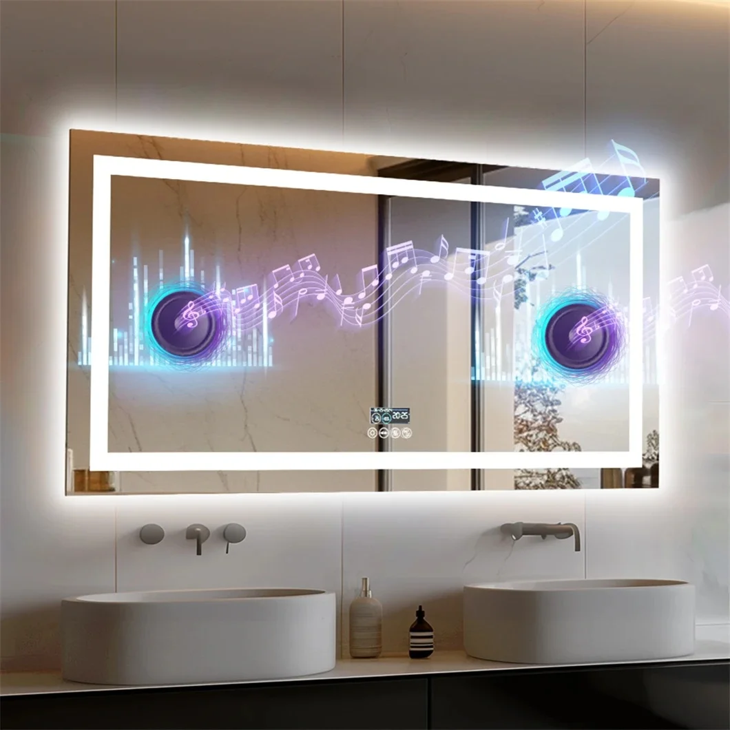 XXL-Badezimmerspiegel, intelligenter LED-Kosmetikspiegel zur Wandmontage mit Bluetooth, Digitalanzeige, hinter vorne beleuchtet, Antibeschlag für Hotelhalle