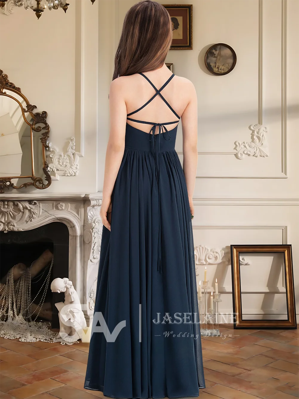 GGD Blue Child A Line Square Floor Length Kids Chiffon Junior Bridesmaid Dress With Bow Flower Girl Dress Wedding Party Formal