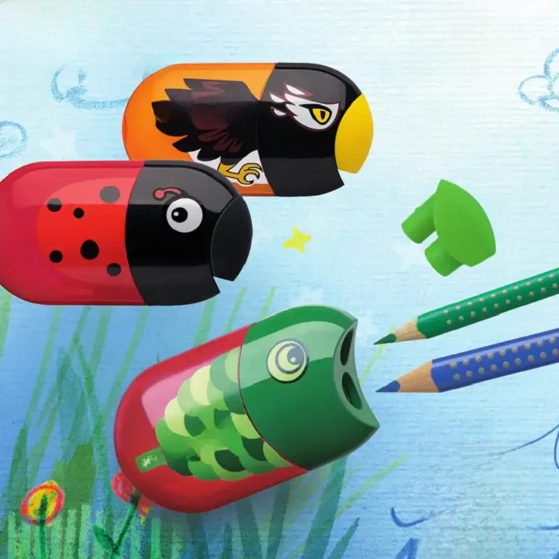 Faber Castell-Apontador de lápis com borracha, Double Hole, joaninha, peixe, águia, papelaria