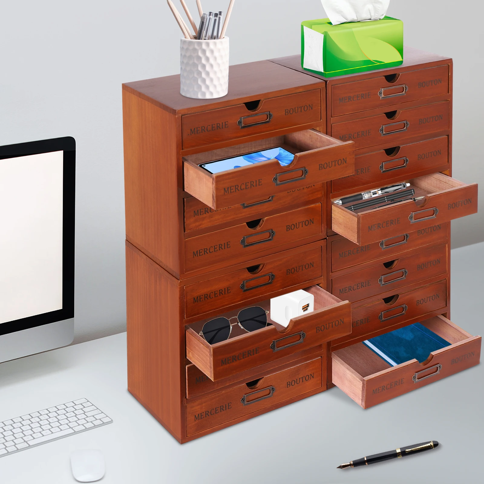 

Органайзер с выдвижным ящиком, 4 шт., 4 уровня, 16 ящиков, аптекальный шкаф, деревянный настольный органайзер для офисных принадлежностей, ювелирных изделий, макияжа, инструментов