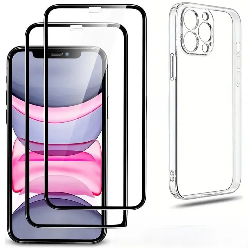 Verre trempé pour iPhone 14 13 12 11 15 Pro Max 7 8 6 Plus X XR XS Max verre de protection d'écran avec étui de protection Transparent