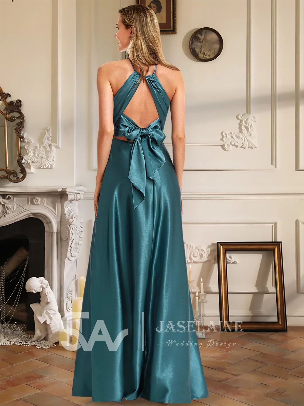 WMP Luxury A-Line Stretch Satin Bridesmaid Dresses Floor-Length Halter Spaghetti Straps Wedding Party Evening Cocktail Women
