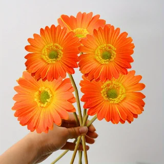 5pcs Real Touch PU Orange Daisy Bouquet | Fake Gerbera Flowers for Birthday/Wedding/Home/Office /Party Decor