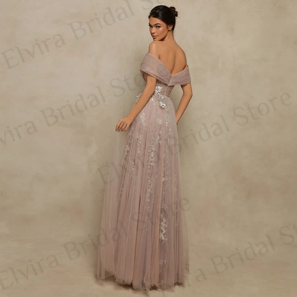 Customized Elegant Tulle A-Line Evening Dresses Women Floor Length Applique Sequins Beads Off The Shoulder Backless V-Neck Long