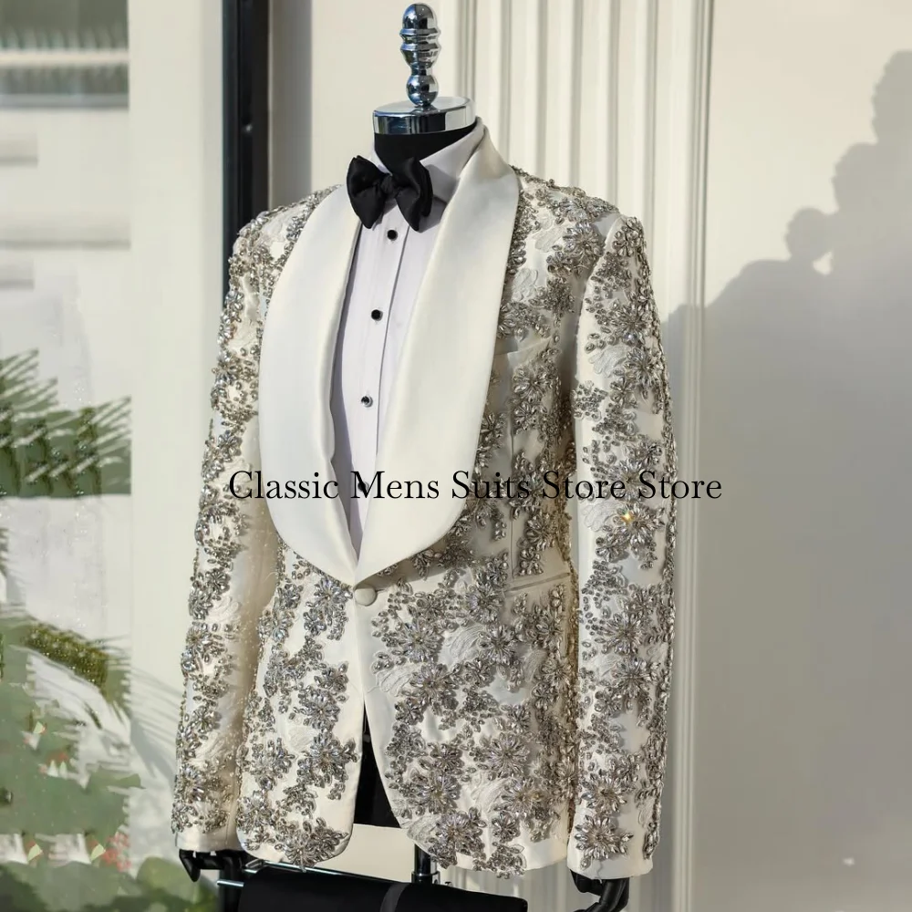 Exquisite Embroidery Crystal Tuxedo Men Suit Customized Sequin Male Prom Blazers 2 Pieces Set Wedding Groom Diamond Ropa Hombre