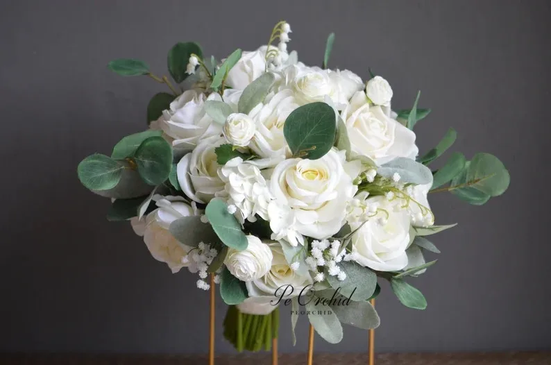 Bouquet de mariage vert blanc romantique, Bouquet de Roses et d'eucalyptus artificiels, pour la plage, printemps et hiver