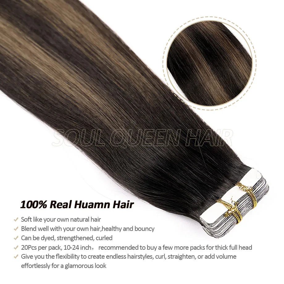 Tape in Hair Extensions Human Hair Balayage Natural Black Highlighted Chestnut Brown 20pcs 50g Remy Tape in Human Hair Extension