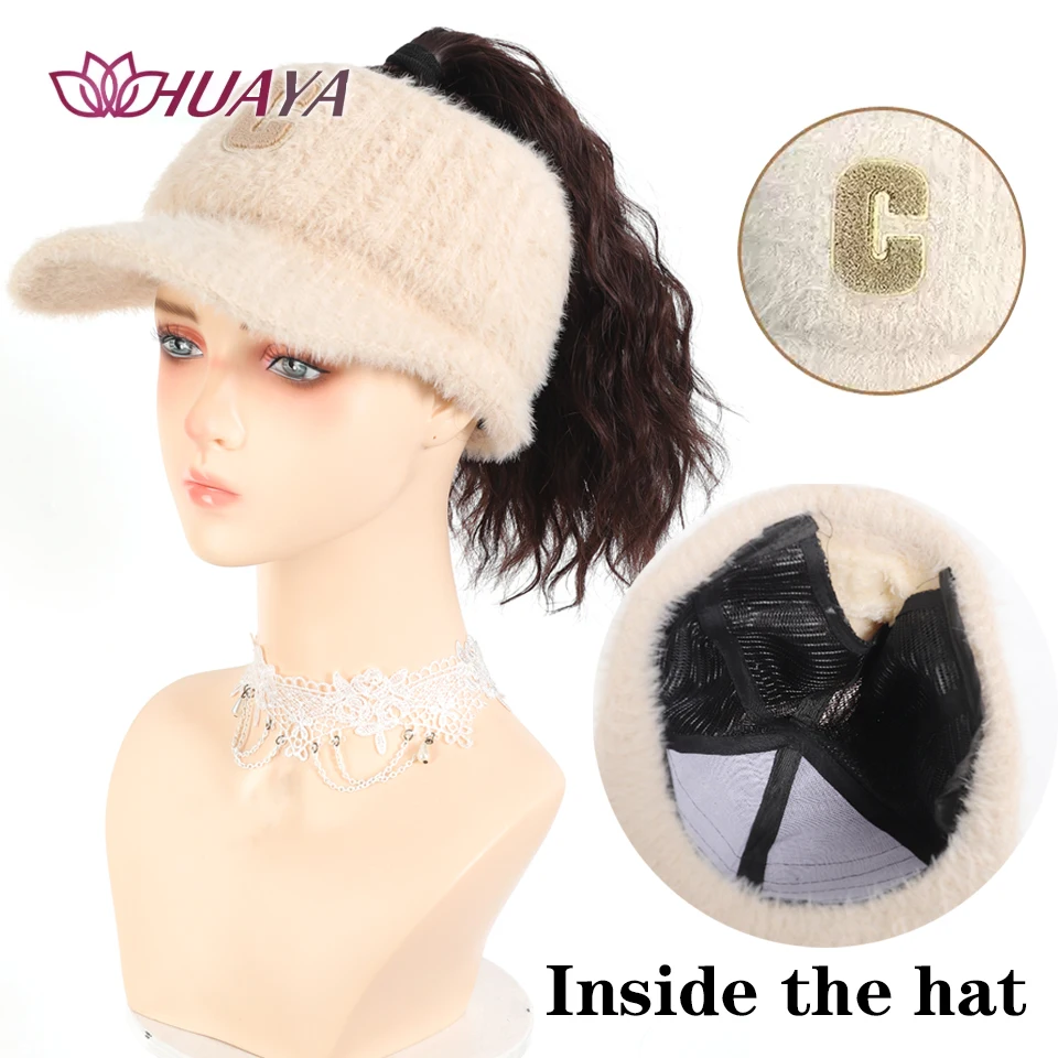 Adjustable Women’s Baseball Hat Wig with Curly Ponytail Sporty Autumn Winter Synthetic Cap Wig Hair Extensions