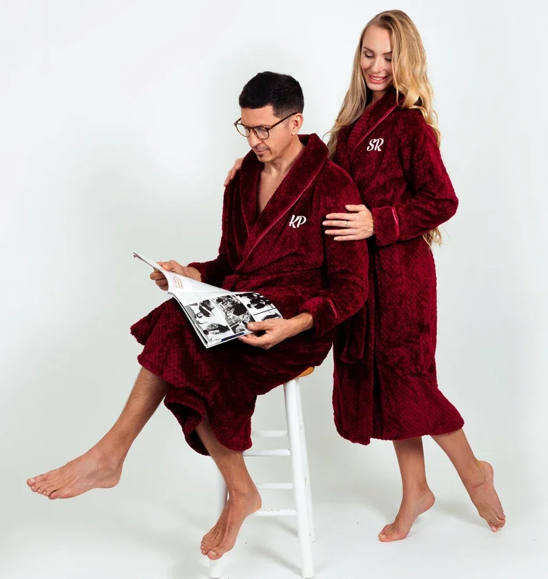 Custom Long Bathrobes for Couple Matching Women and Men Honeymoon Anniversary Gift Customized Name Wedding Winter Bathrobe